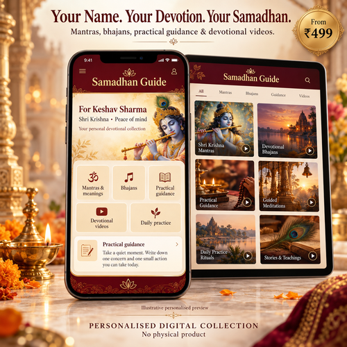 Samadhan Guide personalised digital devotional collection, illustrative Keshav Sharma preview, from ₹499; no physical product